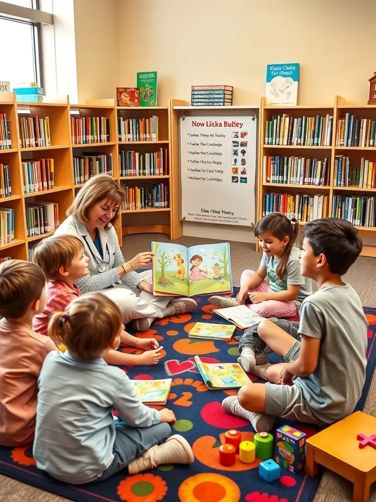 A vibrant image of a children's reading circle in the library, with a librarian reading aloud and children listening attentively, surrounded by colorful books and educational posters.