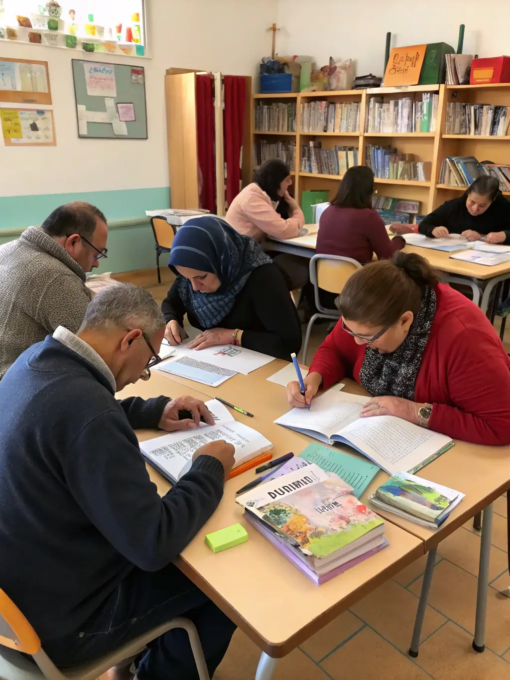 An image of adults attending a digital literacy class at the library, with instructors demonstrating computer skills and participants actively engaging with the technology.