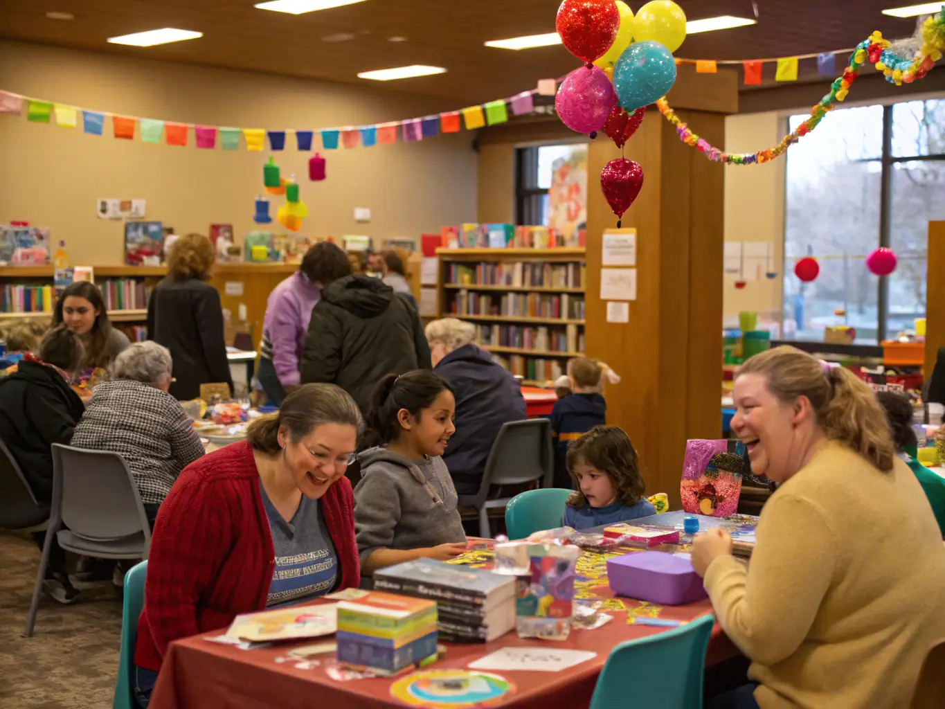 A photograph capturing a community event hosted by the library, featuring book donations and community members interacting with library staff. The image conveys a sense of community spirit and the library's commitment to serving the public.