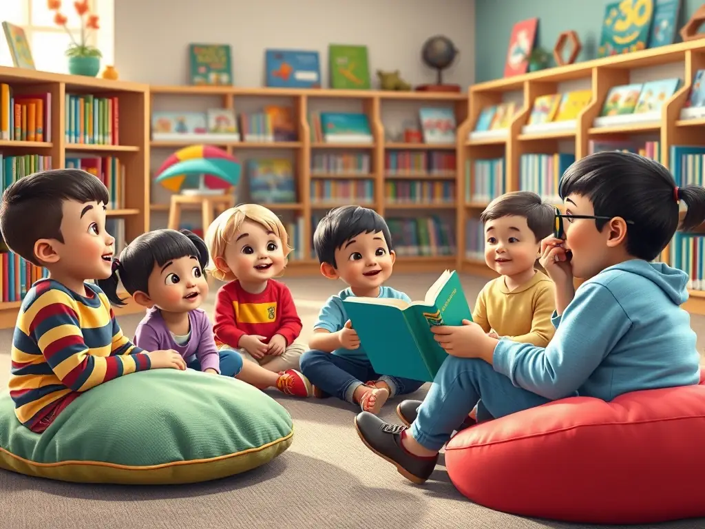 A vibrant image depicting a group of children participating in a storytelling session at the library, with a librarian enthusiastically reading aloud. The scene is warm and inviting, showcasing the joy of reading and community engagement.