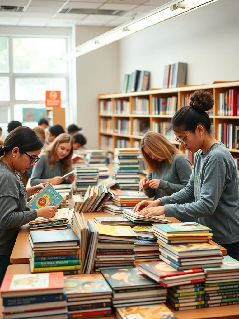 A picture of volunteers sorting and organizing donated books in the library's storage area, with shelves filled with books and a sense of community spirit.